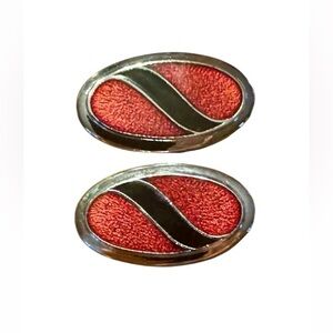 Sarah Coventry Red Enamel Cufflinks Black Wave Silver Tone Signed Retro Men’s